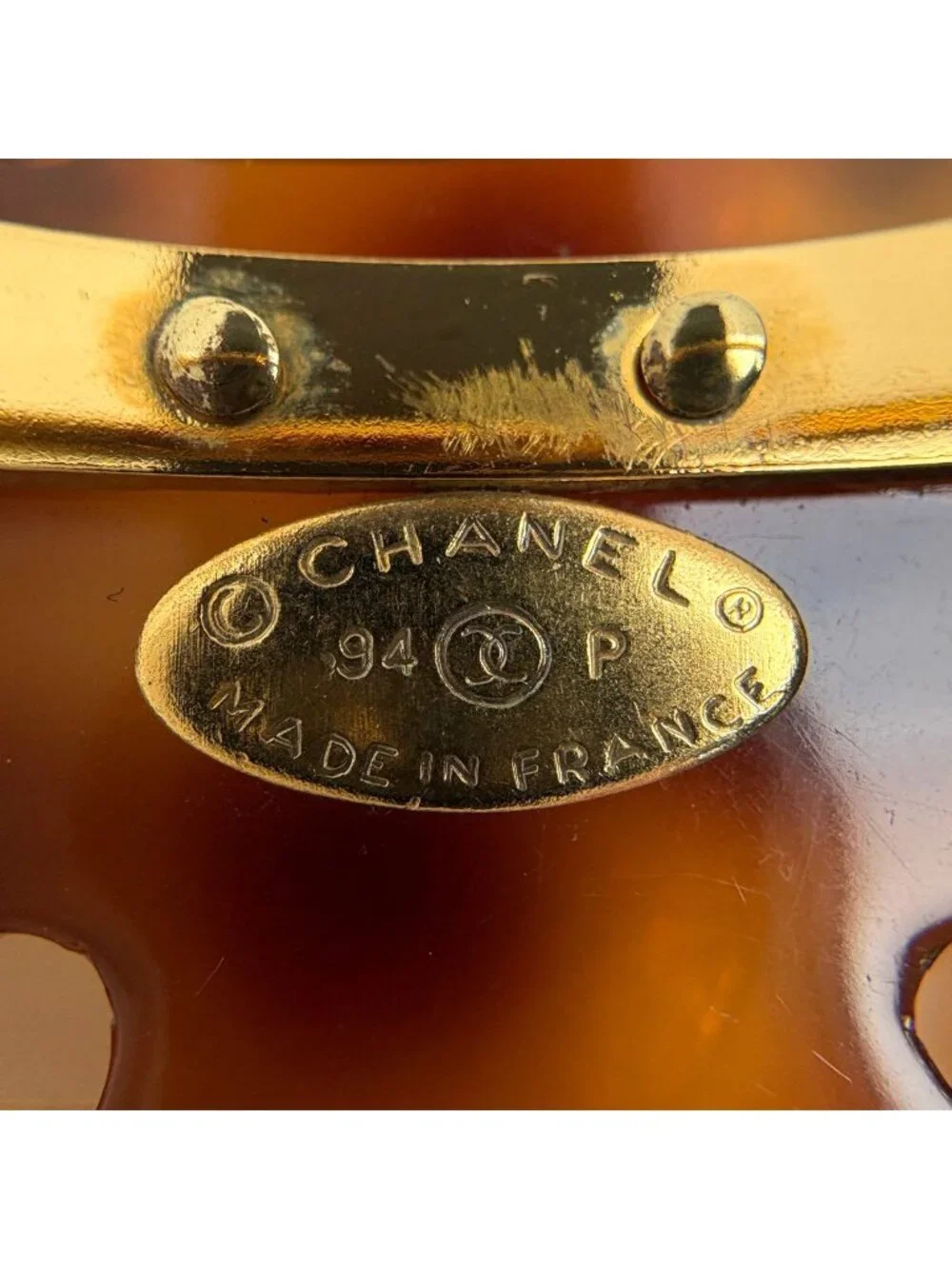 Chanel Brooch CC Logo Demi Pattern Plastic Gold Brown